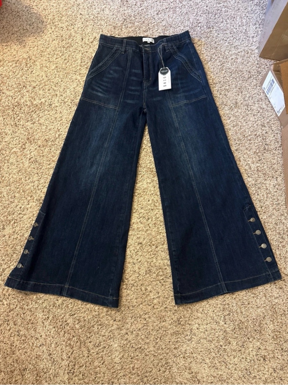 High-Rise Dark Blue Wide-Leg Jeans with Button Cuff